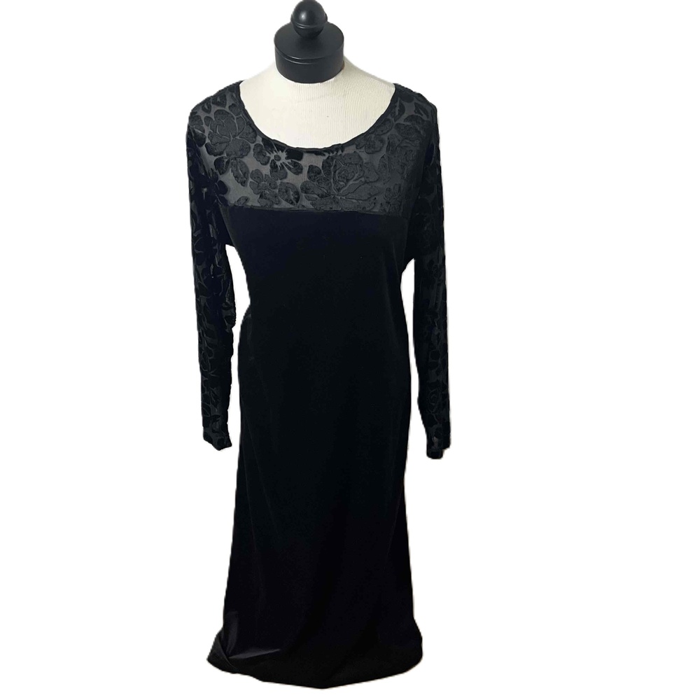 VTG Diane Von Furstenberg Whimsygoth Black Velvet Floral Mesh Long maxi Dress 1X